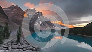 Sunrise at Moraine Lake in the Valley of the Ten Peaks. Banff