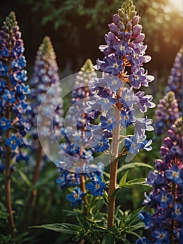 Sunrise morning dew realistic photography of a lupin flowers ai generated