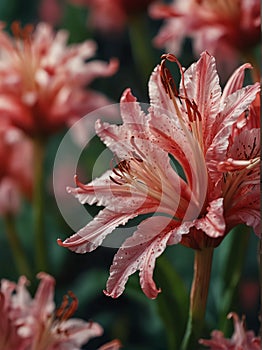 Sunrise morning dew realistic photography of a nerine flowers ai generated