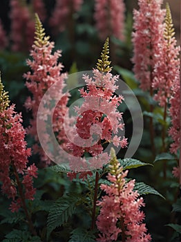 Sunrise morning dew realistic photography of a pink astilbe flowers ai generated