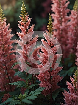 Sunrise morning dew realistic photography of a pink astilbe flowers ai generated