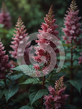 Sunrise morning dew realistic photography of a purple astilbe flowers ai generated