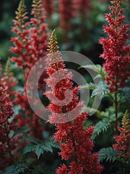 Sunrise morning dew realistic photography of a red astilbe flowers ai generated