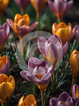 Sunrise morning dew realistic photography of a safron crocus flowers ai generated photo