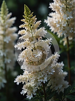 Sunrise morning dew realistic photography of a white astilbe flowers ai generated