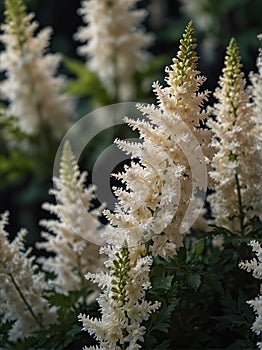 Sunrise morning dew realistic photography of a white astilbe flowers ai generated