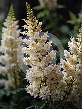 Sunrise morning dew realistic photography of a white astilbe flowers ai generated