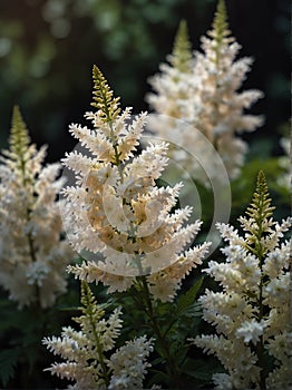 Sunrise morning dew realistic photography of a white astilbe flowers ai generated