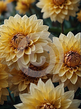 Sunrise morning dew realistic photography of a yellow dahlia flowers ai generated