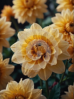 Sunrise morning dew realistic photography of a yellow dahlia flowers ai generated