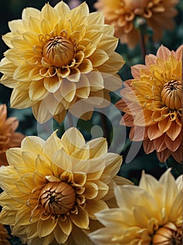 Sunrise morning dew realistic photography of a yellow dahlia flowers ai generated