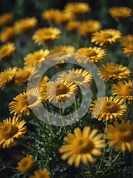 Sunrise morning dew realistic photography of a yellow tanacetum flowers ai generated