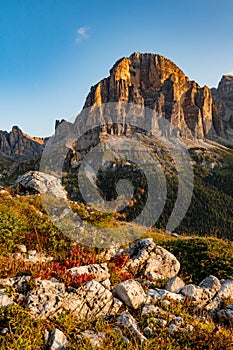 Sunrise morning view of Tofane mountains Tofana di Rozes from Rifugio Cinque Torri. Autumn landscape in Dolomites, Trentino Alto photo