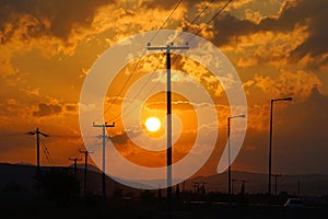 Sunrise on the motorways of central Greece near the city of Tebe