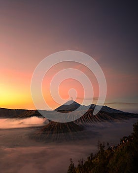 During sunrise, Mount Bromo in East Java, Indonesia, is stunning when viewed from Mount Penanjakan.