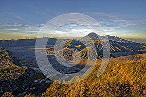 Sunrise at Mount Bromo volcano, the magnificent view of Mt. Bromo located in Bromo Tengger Semeru National Park