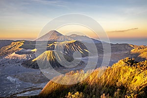 Sunrise at Mount Bromo volcano, the magnificent view of Mt. Bromo located in Bromo Tengger Semeru National Park