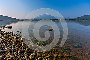 Sunrise at mount Fuji with reflection on lake kawaguch
