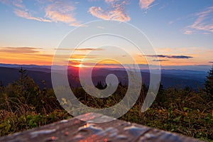 Sunrise on mountain Lysa Hora at mountains Beskydy, Czech republi