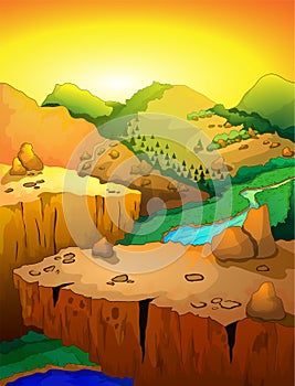 Sunrise Mountain with Pine Forest Landscape - Vector Illustration