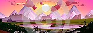 Sunrise in mountain sky cartoon landscape vector