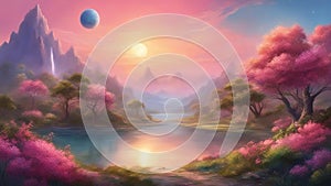 sunrise in the mountains _A beautiful and serene planet with lush and colorful flora, crystal lakes, and a pink sky.