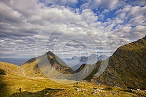 Sunrise in the mountains in Flakstad island, lofoten archipelago