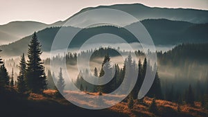 sunrise in the mountains misty landscape with fir forest in hipster vintage retro style