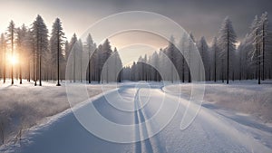 sunrise in the mountains snow covered road in winter though forest