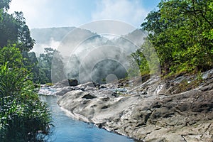 Sunrise in the mountains of Vietnam. Mountain river.