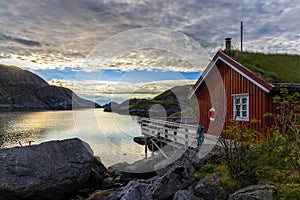 Sunrise in Nusfjord village, Norway