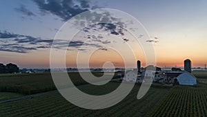 Sunrise Over an Amish Farm with Blues and Reds with Hot air Balloon