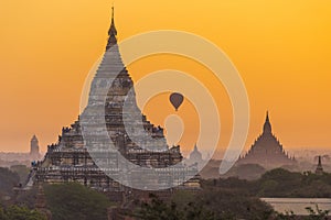 Sunrise over Bagan with air ballon