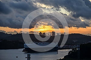 Sunrise over the Balboa city in Panama, view from the Cocoli Locks.