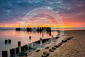 Sunrise over the beach at Baltic Sea in Babie Doly, Gdynia. Poland