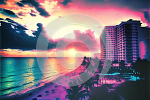 Sunrise over beach in cancun, creative digital illustration, scenery background
