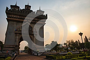 Sunrise over the city of Laos, Patuxay park or Monument at Vientiane, Laos. Patuxay monument, capital city of Laos.