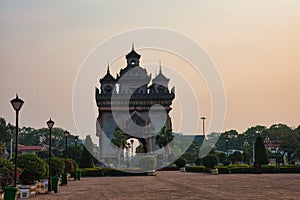 Sunrise over the city of Laos, Patuxay park or Monument at Vientiane, Laos. Patuxay monument, capital city of Laos.