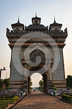 Sunrise over the city of Laos, Patuxay park or Monument at Vientiane, Laos. Patuxay monument, capital city of Laos.