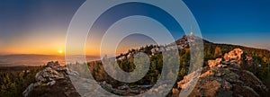 Sunrise over the city of Liberec, Czech republic. Jested. View from the Virive stones Jested Mountain. Jizerske mountains and