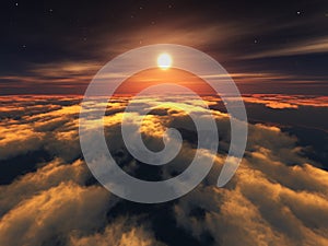 Sunrise over the clouds. Sunset over the clouds. The moon in the clouds. Panorama of clouds.