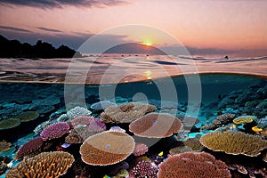 a sunrise over coral reefs in the water with some fish