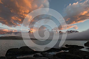 Sunrise over Cuernos del Paine and Lake Pehoe, Torres del Paine National Park, Chile