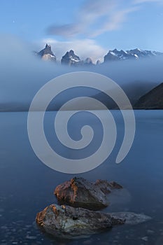 Sunrise over Cuernos del Paine and Lake Pehoe, Torres del Paine National Park, Chile