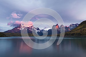 Sunrise over Cuernos del Paine and Lake Pehoe, Torres del Paine National Park, Chile