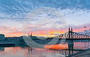 The sunrise over Danube River and Liberty Bridge, Budapest, Hungary