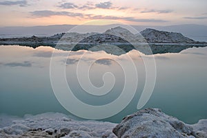 Sunrise over the Dead Sea shore in Israel. The lowest place on Earth.