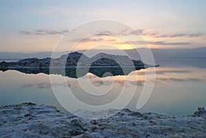 Sunrise over the Dead Sea shore in Israel. The lowest place on Earth.