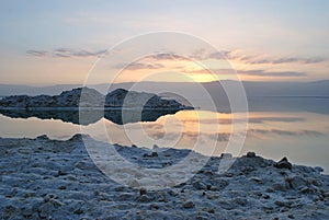 Sunrise over the Dead Sea shore in Israel. The lowest place on Earth.