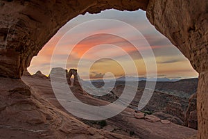 Sunrise over Delicate Arch in the Arches National Park